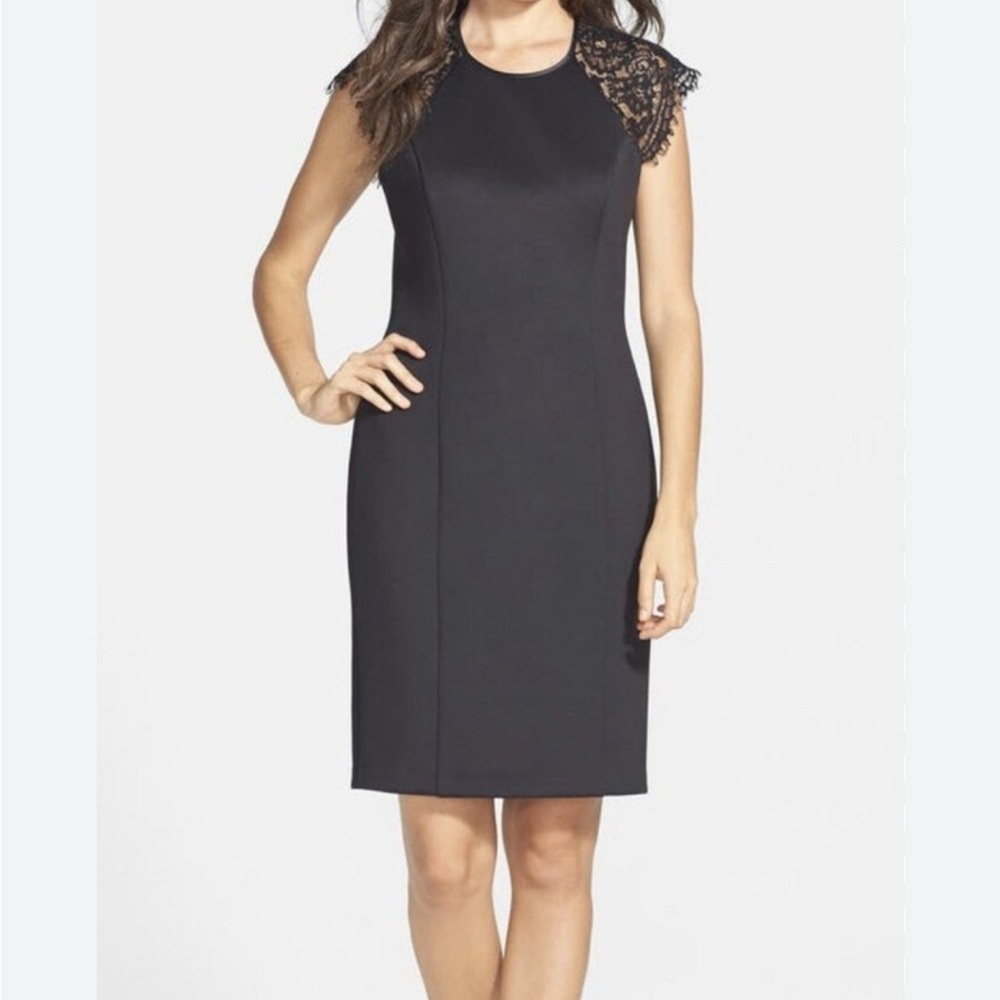 Vince Camuto Shift Little Black Dress Solid Short Length and Lace Cap Sleeves: 6 - Picture 1 of 10